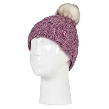 Heat Holders - Womens Thick Knit Thermal Winter Warm Beanie Hat with Pom Pom (One Size, Rose)