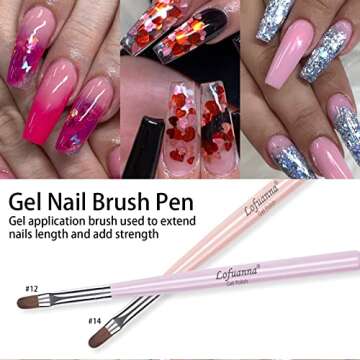 Lofuanna Nail Art Brushes Set Gel Nail Brush 7Pcs Poly Extension gel Brushes French Manicure Tools Nail Art Tips Builder Brushes Acrylic Painting Drawing Pen for Home and Professional Salon Use Sizes #2,4,6,8,10,12,14