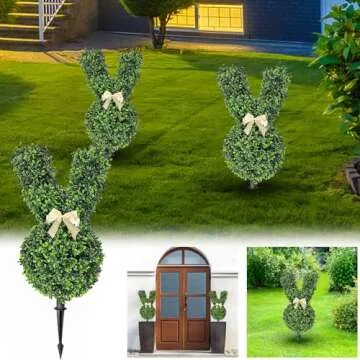 Rabbit Shaped Topiary Trees, 3ft Bunny Topiary Outdoor Decoration, Easter Bunny Topiary Garden Decor with Swaying Ears and Brown Bow Tie, Indoor Outdoor Yard Decor (1PC)