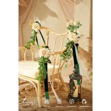 Ling's Moment 8 Wedding Aisle Pew Artificial Flowers Arrangements Emerald Tawny Beige for Ceremony Chair Back Floral Decorations with Chiffon Ribbons Reception Church Rose Faux Hanging Party Outdoor
