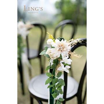 Ling's Moment 8 Wedding Aisle Pew Artificial Flowers Arrangements Emerald Tawny Beige for Ceremony Chair Back Floral Decorations with Chiffon Ribbons Reception Church Rose Faux Hanging Party Outdoor