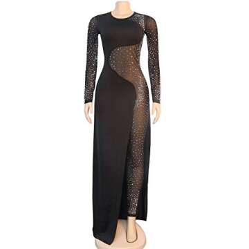 Women Sexy Sequin Dresses - Long Sleeve Sheer Mesh Bodycon Jumpsuit Evening Party Club Night Wear Black XXL