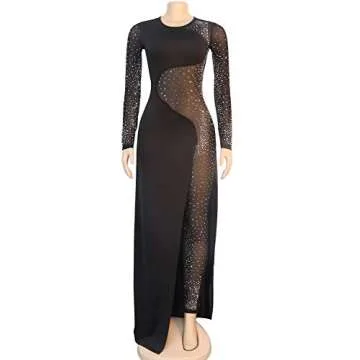 Women Sexy Sequin Dresses - Long Sleeve Sheer Mesh Bodycon Jumpsuit Evening Party Club Night Wear Black XXL