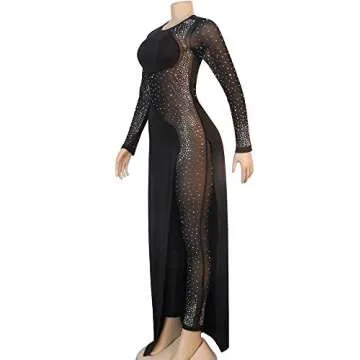 Women Sexy Sequin Dresses - Long Sleeve Sheer Mesh Bodycon Jumpsuit Evening Party Club Night Wear Black XXL