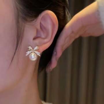 Pearl Bow Earrings for Women Christmas Bow Earrings Rhinestone Bow Earrings Red Ball Xmas Earrings Christmas Jewelry for Women