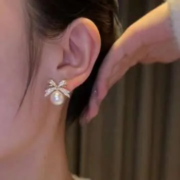 Pearl Bow Earrings for Women Christmas Bow Earrings Rhinestone Bow Earrings Red Ball Xmas Earrings Christmas Jewelry for Women