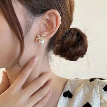 Pearl Bow Earrings for Women Christmas Bow Earrings Rhinestone Bow Earrings Red Ball Xmas Earrings Christmas Jewelry for Women