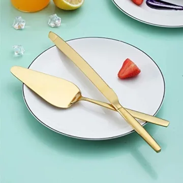 Berglander Gold Cake Pie Pastry Servers,Stainless Steel Serving Set,Cake Knife and Server Set Perfect For Wedding, Birthday, Parties and Events