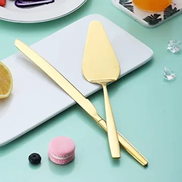 Berglander Gold Cake Pie Pastry Servers,Stainless Steel Serving Set,Cake Knife and Server Set Perfect For Wedding, Birthday, Parties and Events