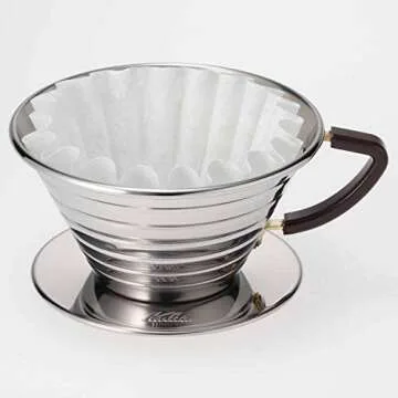Kalita Stainless Steel Pour Dripper 16-26oz Single One Cup Patented Wave Design, Portable Coffee Maker, Made in Japan, Larger Size (185), Polished Stainless