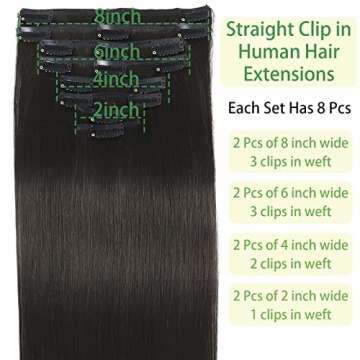 MOTFIN Straight Clip in Hair Extensions Real Human Hair Clip ins Hair Extensions for Women 8pcs Clip on Hair Extensions 18Clips Double Weft Brazilian Remy Natural Black Human Hair (18inch, #1b)