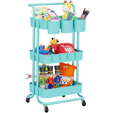 3-Tier Rolling Mobile Utility Cart with Hanging Cups & Hooks & Handle Multifunctional Organizer Stor...