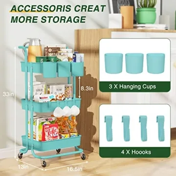 LEHOM 3-Tier Rolling Utility Cart for Easy Organization