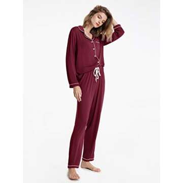 SIORO Womens Pajamas Set Long Sleeve, Button Down Cotton Pj Sets For Women Soft Nightwear,Burgundy With White Piping, Small