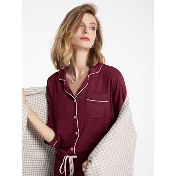 SIORO Womens Pajamas Set Long Sleeve, Button Down Cotton Pj Sets For Women Soft Nightwear,Burgundy With White Piping, Small