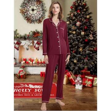 SIORO Womens Pajamas Set Long Sleeve, Button Down Cotton Pj Sets For Women Soft Nightwear,Burgundy With White Piping, Small