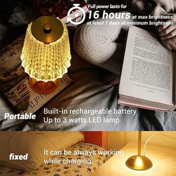 Amingulry Cordless Table Lamp, 4000mAh Rechargeable Battery Operated Lamp, 3 Color Modes & Stepless Dimmable LED Touch Lamp, Portable Crystal Metal Beside Lamps for Bedroom Restaurant Outdoor(Gold)