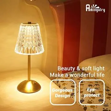 Amingulry Cordless Table Lamp, 4000mAh Rechargeable Battery Operated Lamp, 3 Color Modes & Stepless Dimmable LED Touch Lamp, Portable Crystal Metal Beside Lamps for Bedroom Restaurant Outdoor(Gold)