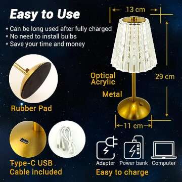 Amingulry Cordless Table Lamp, 4000mAh Rechargeable Battery Operated Lamp, 3 Color Modes & Stepless Dimmable LED Touch Lamp, Portable Crystal Metal Beside Lamps for Bedroom Restaurant Outdoor(Gold)