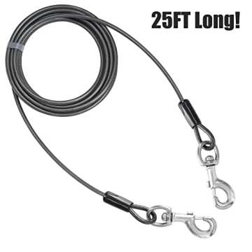 BV Dog Tie Out Cable 25ft, Up to 250 Pounds - Reflective Dog Leads for Yard Heavy Duty with Quick Release Swivel Clips & 360° Rotating Clasp | Braided Steel and Rust Free Dog Cables for Outside, Gray