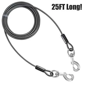 BV Dog Tie Out Cable 25ft, Up to 250 Pounds - Reflective Dog Leads for Yard Heavy Duty with Quick Release Swivel Clips & 360° Rotating Clasp | Braided Steel and Rust Free Dog Cables for Outside, Gray