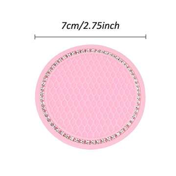 ACODABLEM 4 Pack Bling Car Coasters, 2.75 Inch Bling Crystal Rhinestone Soft Rubber Universal Anti-Slip Glitter Cup Mats Auto Drink Coaster Car Interior Decoration Accessories for Women or Girl (Pink)