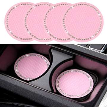 ACODABLEM 4 Pack Bling Car Coasters, 2.75 Inch Bling Crystal Rhinestone Soft Rubber Universal Anti-Slip Glitter Cup Mats Auto Drink Coaster Car Interior Decoration Accessories for Women or Girl (Pink)