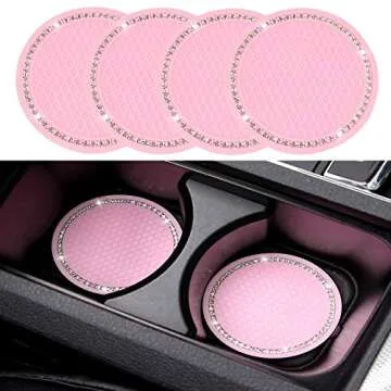 ACODABLEM 4 Pack Bling Car Coasters, 2.75 Inch Bling Crystal Rhinestone Soft Rubber Universal Anti-Slip Glitter Cup Mats Auto Drink Coaster Car Interior Decoration Accessories for Women or Girl (Pink)