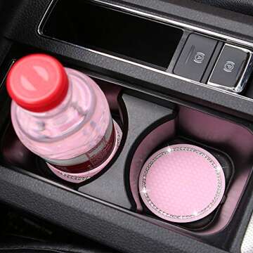 ACODABLEM 4 Pack Bling Car Coasters, 2.75 Inch Bling Crystal Rhinestone Soft Rubber Universal Anti-Slip Glitter Cup Mats Auto Drink Coaster Car Interior Decoration Accessories for Women or Girl (Pink)
