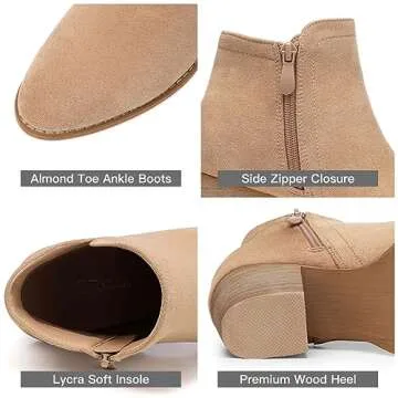 SHIBEVER Women's Ankle Boots Heel: Chunky Low Heeled Almond Toe Short Booties with Zipper Faux Suede Dress Western Fall 2024 Shoes Apricot Size 8