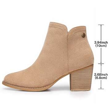 SHIBEVER Women's Ankle Boots Heel: Chunky Low Heeled Almond Toe Short Booties with Zipper Faux Suede Dress Western Fall 2024 Shoes Apricot Size 8