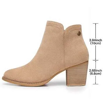 SHIBEVER Women's Ankle Boots Heel: Chunky Low Heeled Almond Toe Short Booties with Zipper Faux Suede Dress Western Fall 2024 Shoes Apricot Size 8