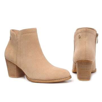 SHIBEVER Women's Ankle Boots Heel: Chunky Low Heeled Almond Toe Short Booties with Zipper Faux Suede Dress Western Fall 2024 Shoes Apricot Size 8