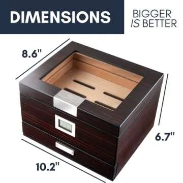 Mantello Handmade Cigar Humidor,Desktop Cigar Box with Humidifier Holds Up to 50 Cigars, Glass Top Cedar Wood with Hygrometer & Divider
