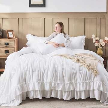 Andency White Comforter Set Queen Size, Lightweight Fluffy Farmhouse White Ruffle Bedding Set, Soft Microfiber All Season Shabby Chic Bed Comforter Set 3 Pieces(1 Ruffle Comforter 2 Pillowcases)
