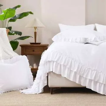 Andency White Comforter Set Queen Size, Lightweight Fluffy Farmhouse White Ruffle Bedding Set, Soft Microfiber All Season Shabby Chic Bed Comforter Set 3 Pieces(1 Ruffle Comforter 2 Pillowcases)