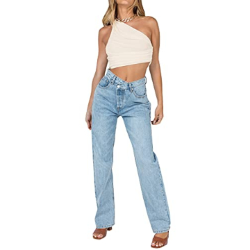 LYANER Women's Sexy Ruched One Shoulder Crop Top Beige