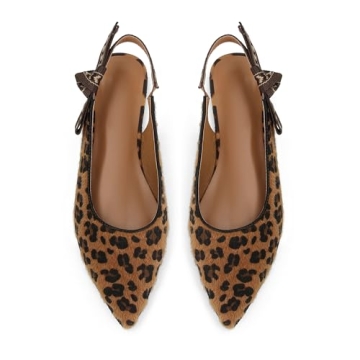 XBKXMK Slingback Flats for Women Leaopard Print Pointed Toe Ballet Flats Casual Fashion Dress Mary Jane Shoes for Women Comfortable Dress Ballerina Flat Leopard