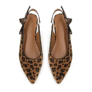 XBKXMK Slingback Flats for Women Leaopard Print Pointed Toe Ballet Flats Casual Fashion Dress Mary Jane Shoes for Women Comfortable Dress Ballerina Flat Leopard