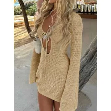 Saodimallsu Womens Crochet Swimsuit Cover Up Long Bell Sleeve V Neck Tie Front Summer Knit Beach Dress Vacation Outfits