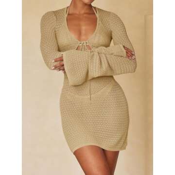 Saodimallsu Womens Crochet Swimsuit Cover Up Long Bell Sleeve V Neck Tie Front Summer Knit Beach Dress Vacation Outfits