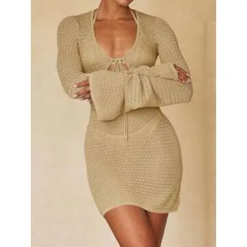 Saodimallsu Womens Crochet Swimsuit Cover Up Long Bell Sleeve V Neck Tie Front Summer Knit Beach Dress Vacation Outfits