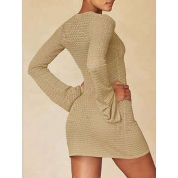 Saodimallsu Womens Crochet Swimsuit Cover Up Long Bell Sleeve V Neck Tie Front Summer Knit Beach Dress Vacation Outfits