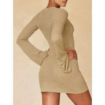 Saodimallsu Womens Crochet Swimsuit Cover Up Long Bell Sleeve V Neck Tie Front Summer Knit Beach Dress Vacation Outfits