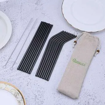 Elegant 18 Piece Black Stainless Steel Straw Set - Eco-Friendly