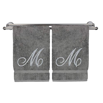 Monogrammed Hand Towel, Personalized Gift, 16 x 30 Inches - Set of 2 - Silver Embroidered Towel - Ex...