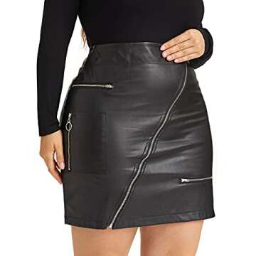 PYL Women’s Plus Size Zipper PU Faux Leather Skirt Short High Waist Mini Bodycon Black