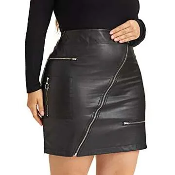 PYL Women’s Plus Size Zipper PU Faux Leather Skirt Short High Waist Mini Bodycon Black