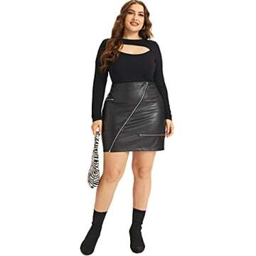 PYL Women’s Plus Size Zipper PU Faux Leather Skirt Short High Waist Mini Bodycon Black