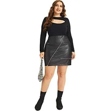 PYL Women’s Plus Size Zipper PU Faux Leather Skirt Short High Waist Mini Bodycon Black